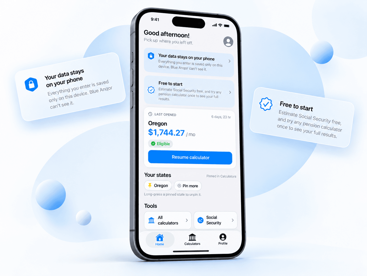 Blue Anqor Pension shown on an iPhone, with feature callouts about on-device data and getting started